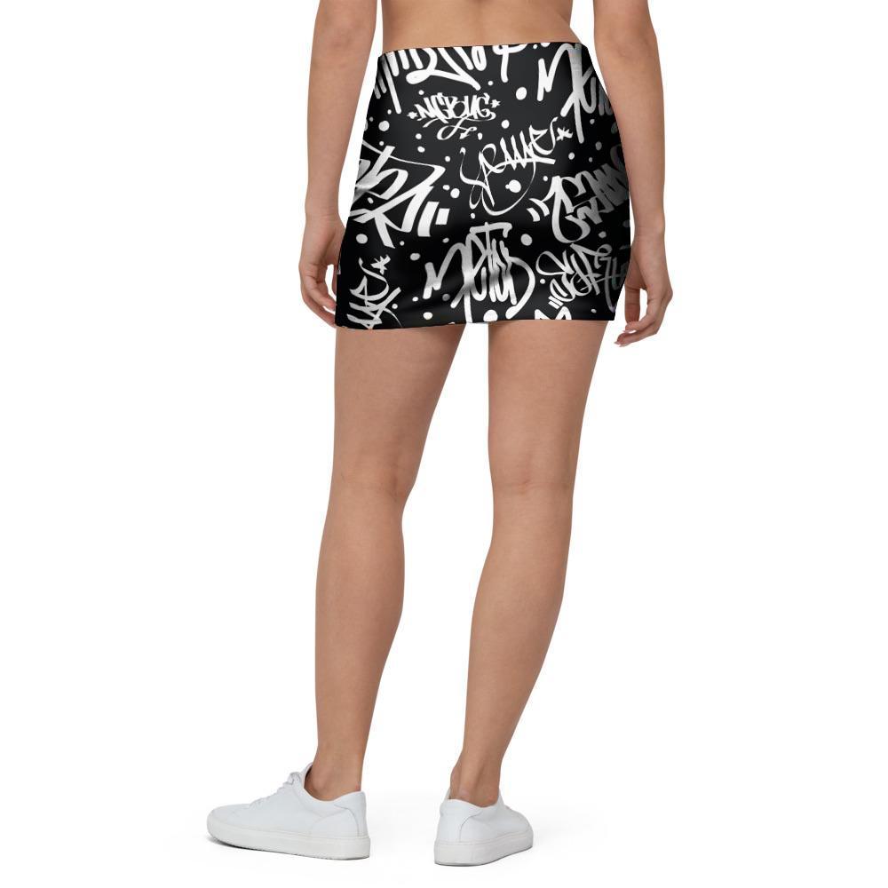White And Black Graffiti Doodle Text Print Mini Skirt-grizzshop