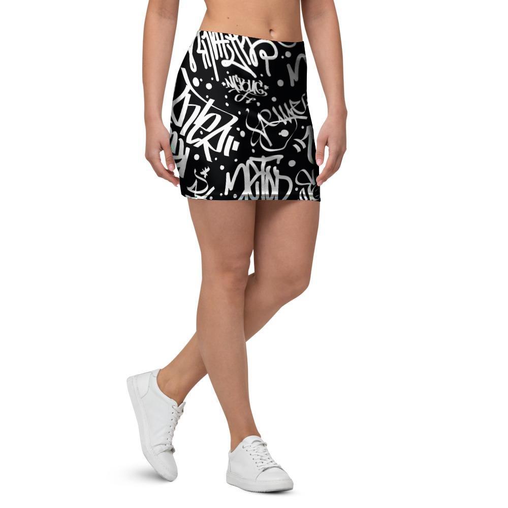 White And Black Graffiti Doodle Text Print Mini Skirt-grizzshop