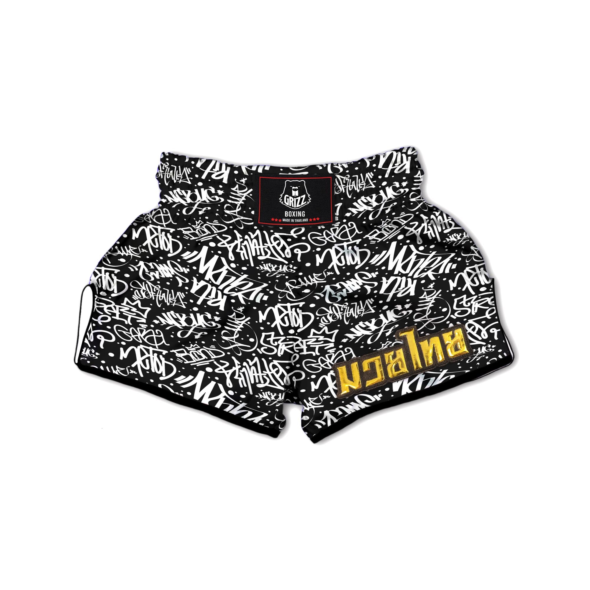 White And Black Graffiti Doodle Text Print Muay Thai Boxing Shorts-grizzshop