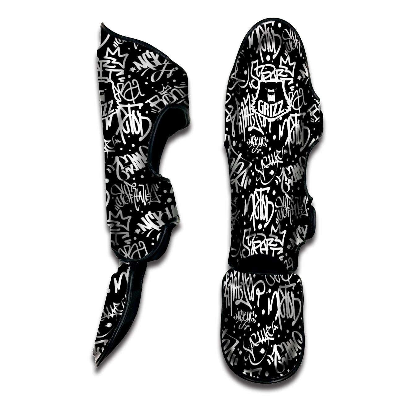 White And Black Graffiti Doodle Text Print Muay Thai Shin Guard-grizzshop