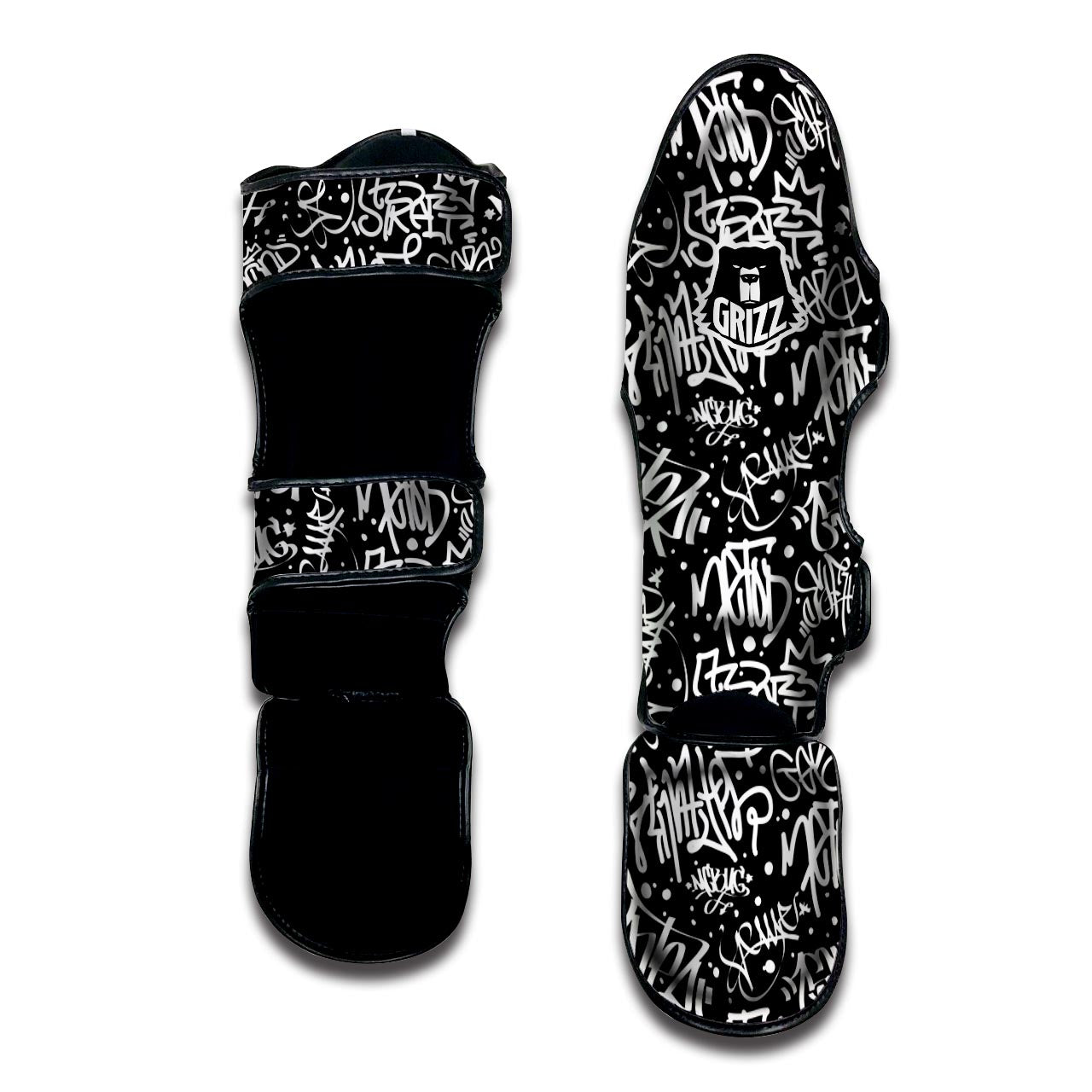 White And Black Graffiti Doodle Text Print Muay Thai Shin Guard-grizzshop