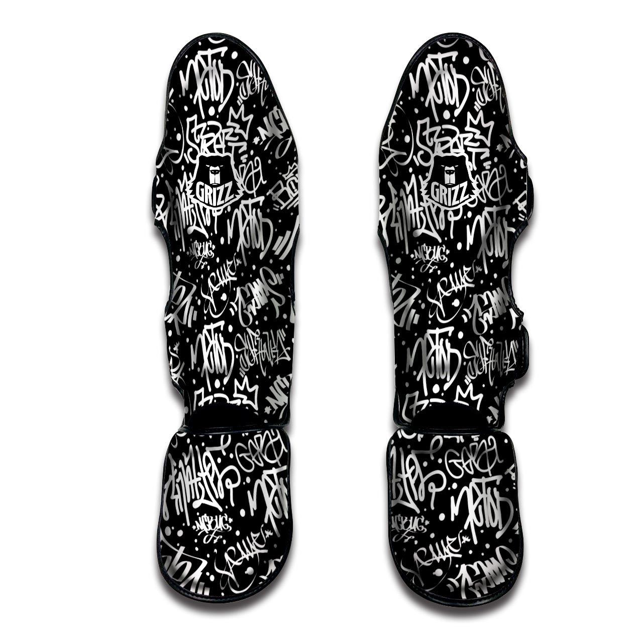 White And Black Graffiti Doodle Text Print Muay Thai Shin Guard-grizzshop