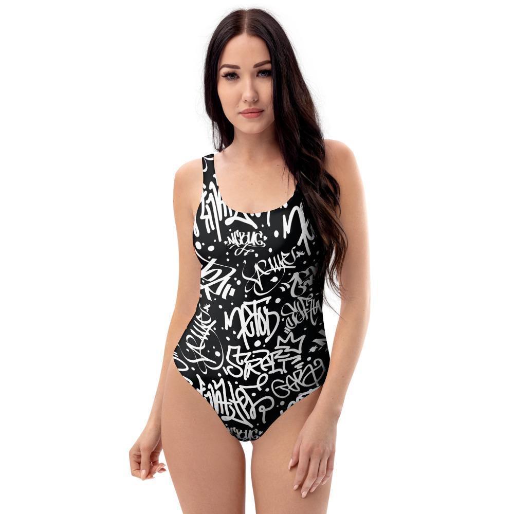 White And Black Graffiti Doodle Text Print One Piece Swimsuite-grizzshop