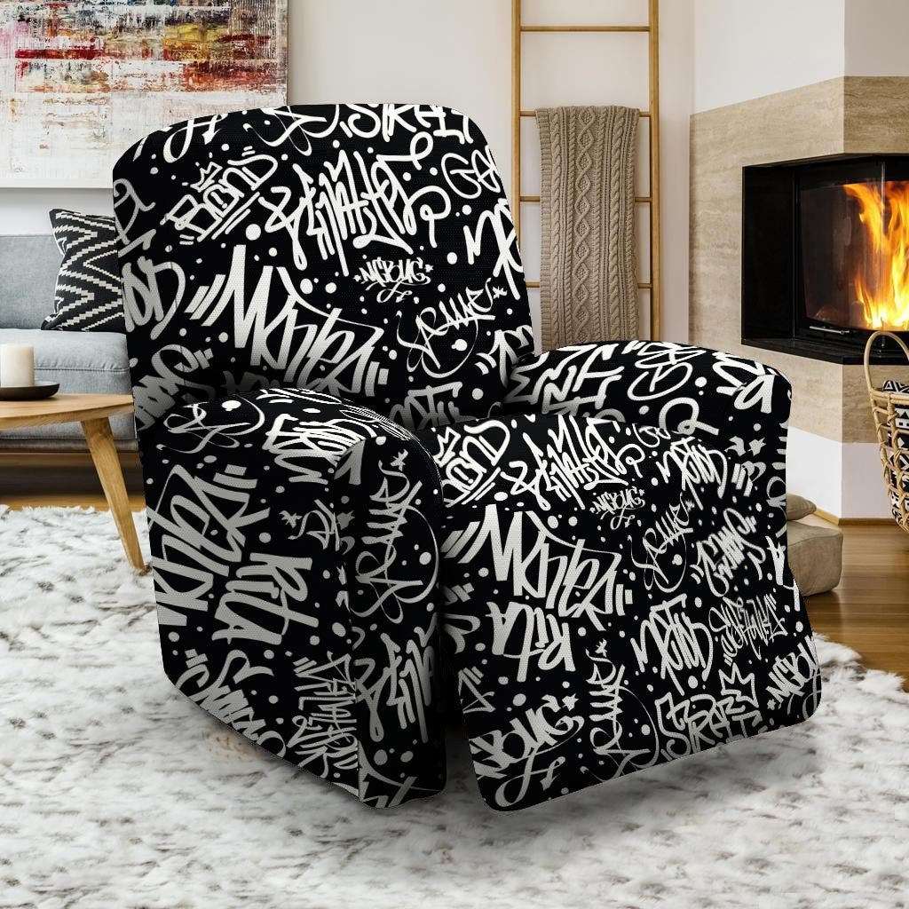 White And Black Graffiti Doodle Text Print Recliner Cover-grizzshop