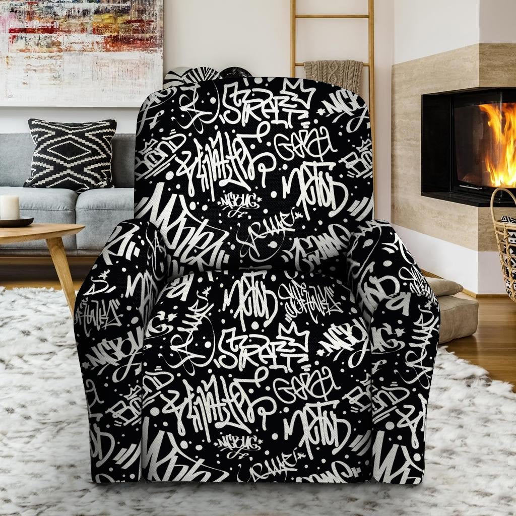 White And Black Graffiti Doodle Text Print Recliner Cover-grizzshop