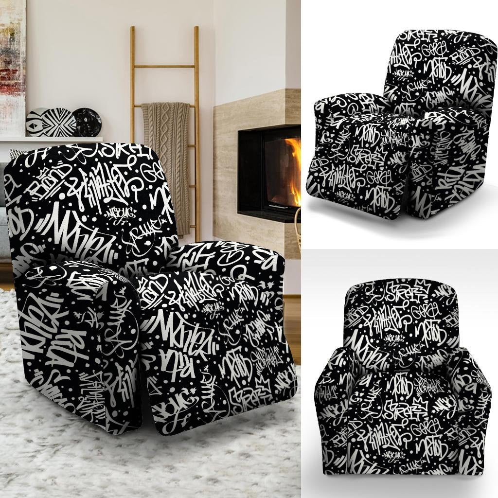 White And Black Graffiti Doodle Text Print Recliner Cover-grizzshop