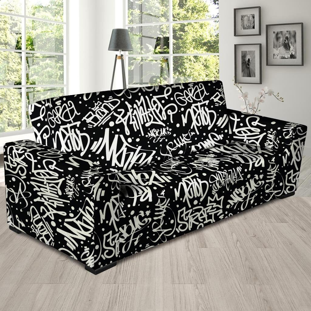 White And Black Graffiti Doodle Text Print Sofa Cover-grizzshop