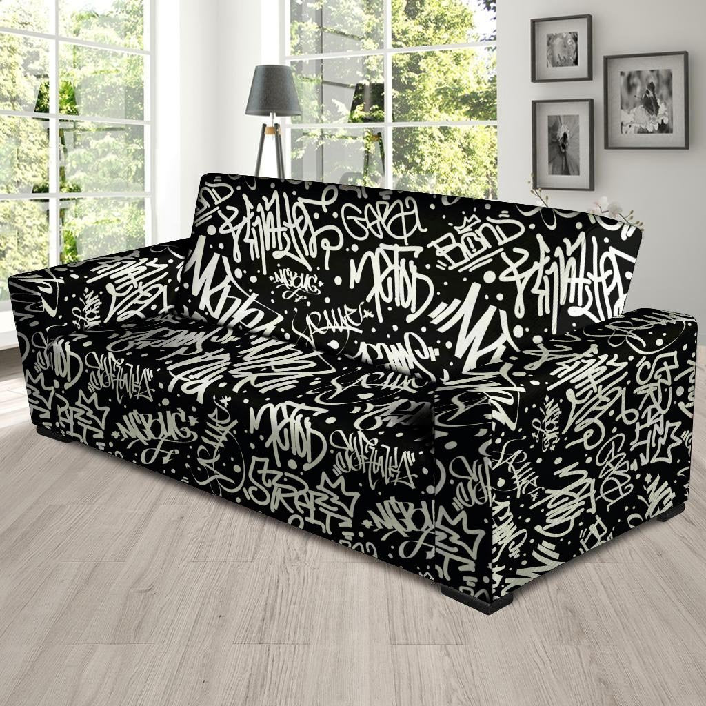 White And Black Graffiti Doodle Text Print Sofa Cover-grizzshop