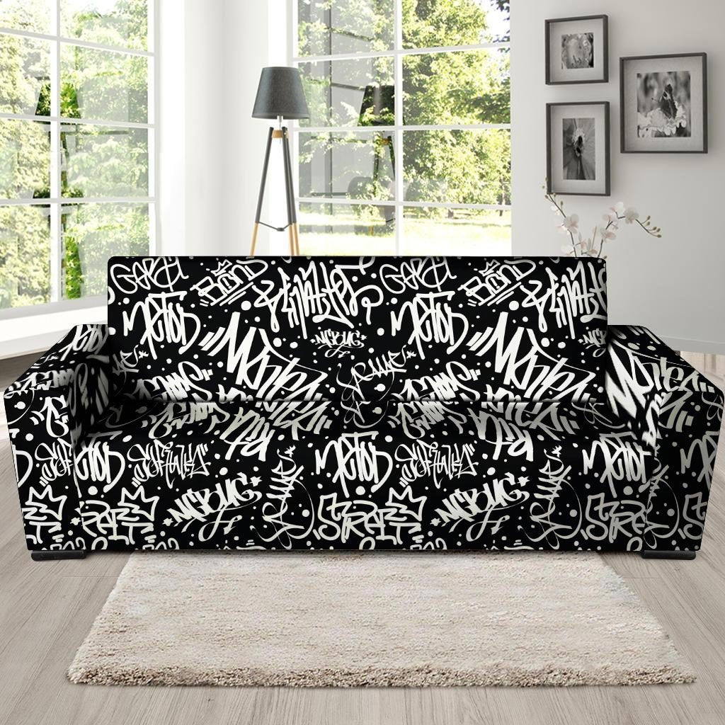 White And Black Graffiti Doodle Text Print Sofa Cover-grizzshop