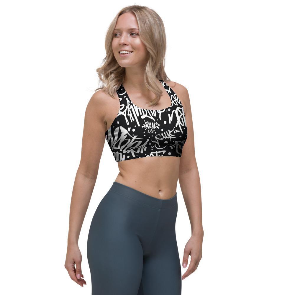 White And Black Graffiti Doodle Text Print Sports Bra-grizzshop