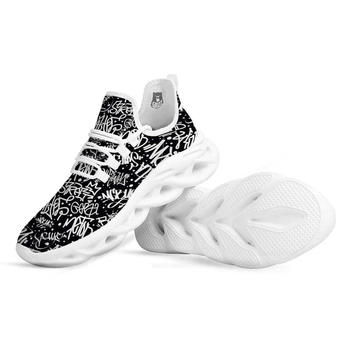 White And Black Graffiti Doodle Text Print White Running Shoes-grizzshop