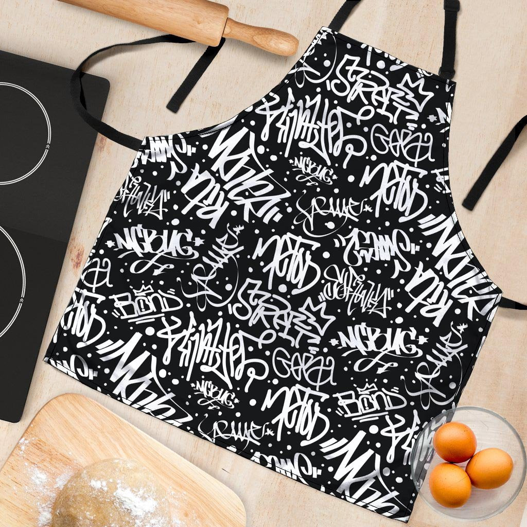 White And Black Graffiti Doodle Text Print Women's Apron-grizzshop