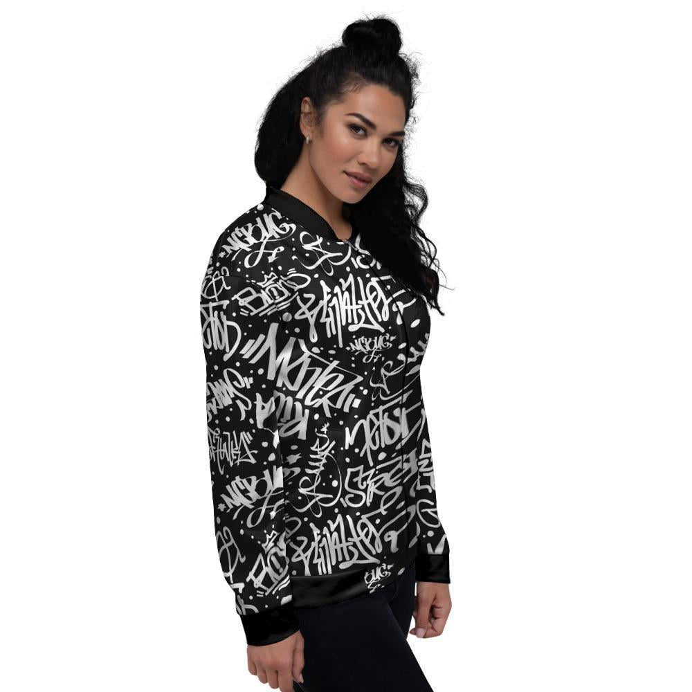 White And Black Graffiti Doodle Text Print Women's Bomber Jacket-grizzshop