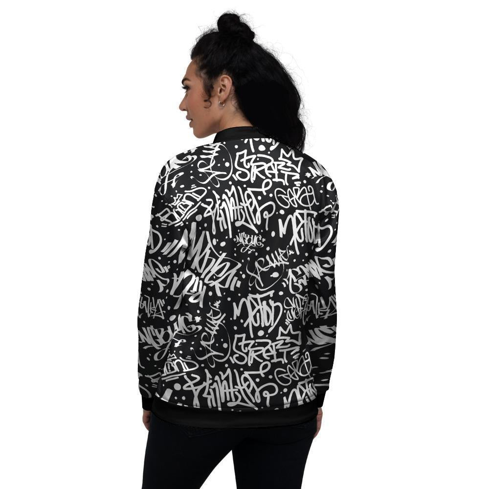 White And Black Graffiti Doodle Text Print Women's Bomber Jacket-grizzshop