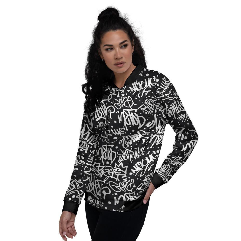 White And Black Graffiti Doodle Text Print Women's Bomber Jacket-grizzshop