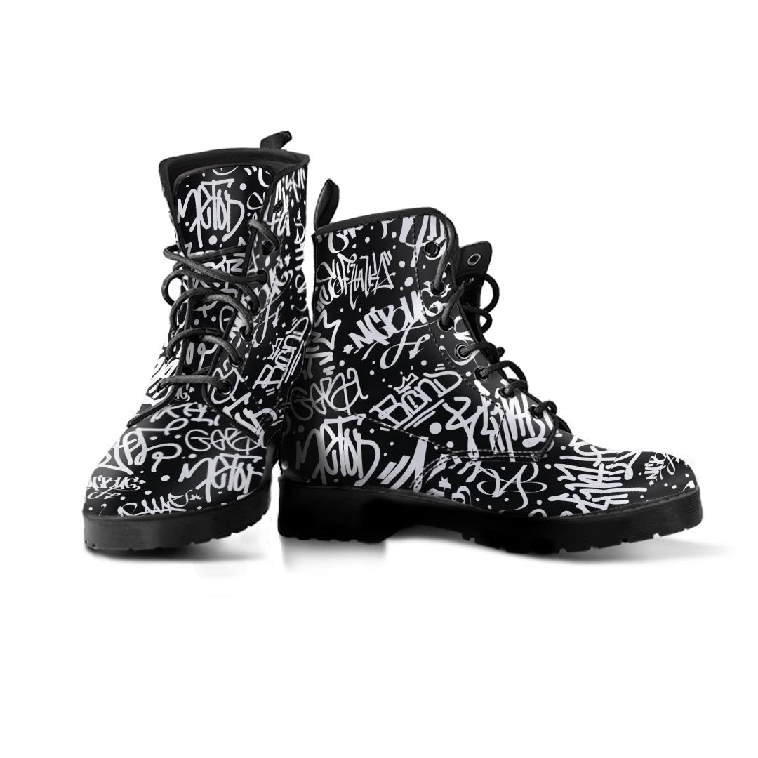 White And Black Graffiti Doodle Text Print Women's Boots-grizzshop