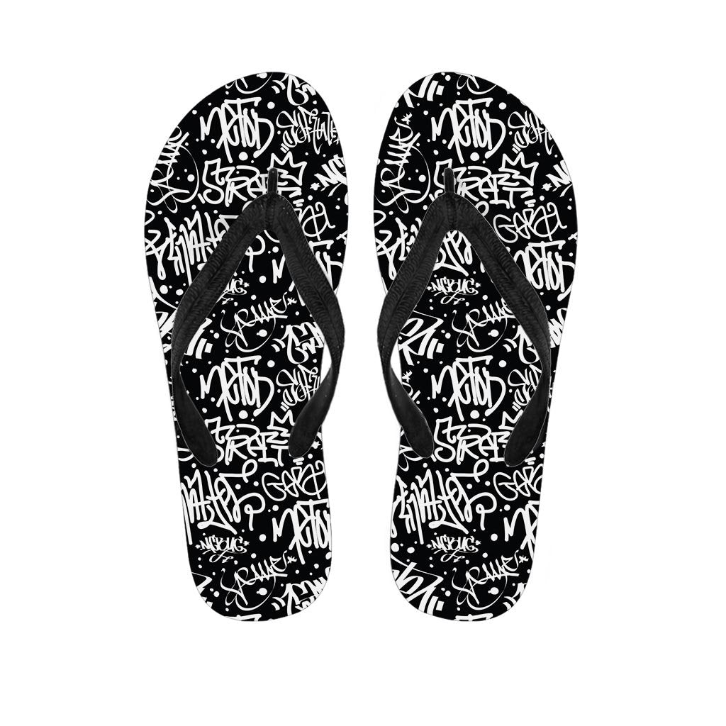 White And Black Graffiti Doodle Text Print Women's Flip Flops-grizzshop