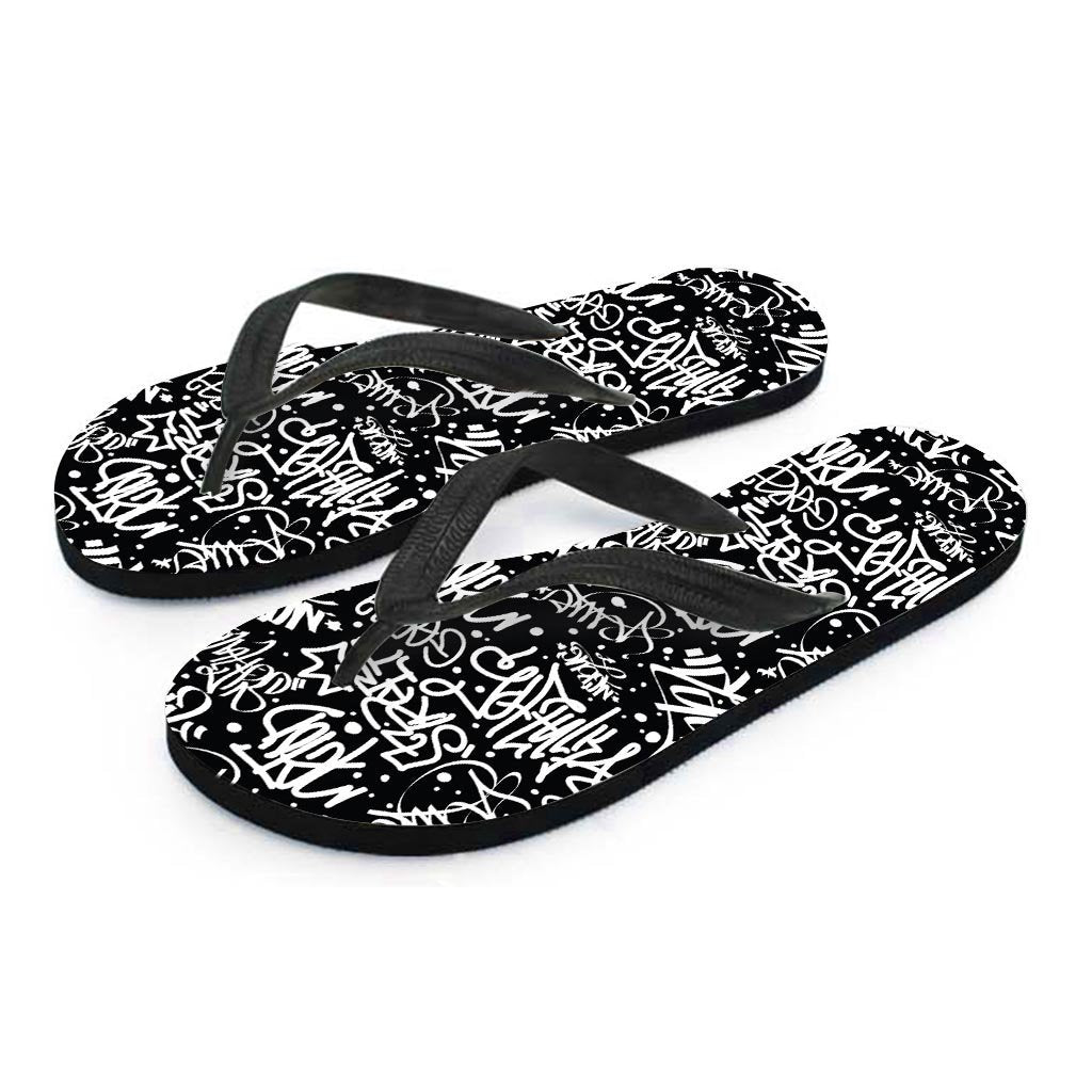 White And Black Graffiti Doodle Text Print Women's Flip Flops-grizzshop