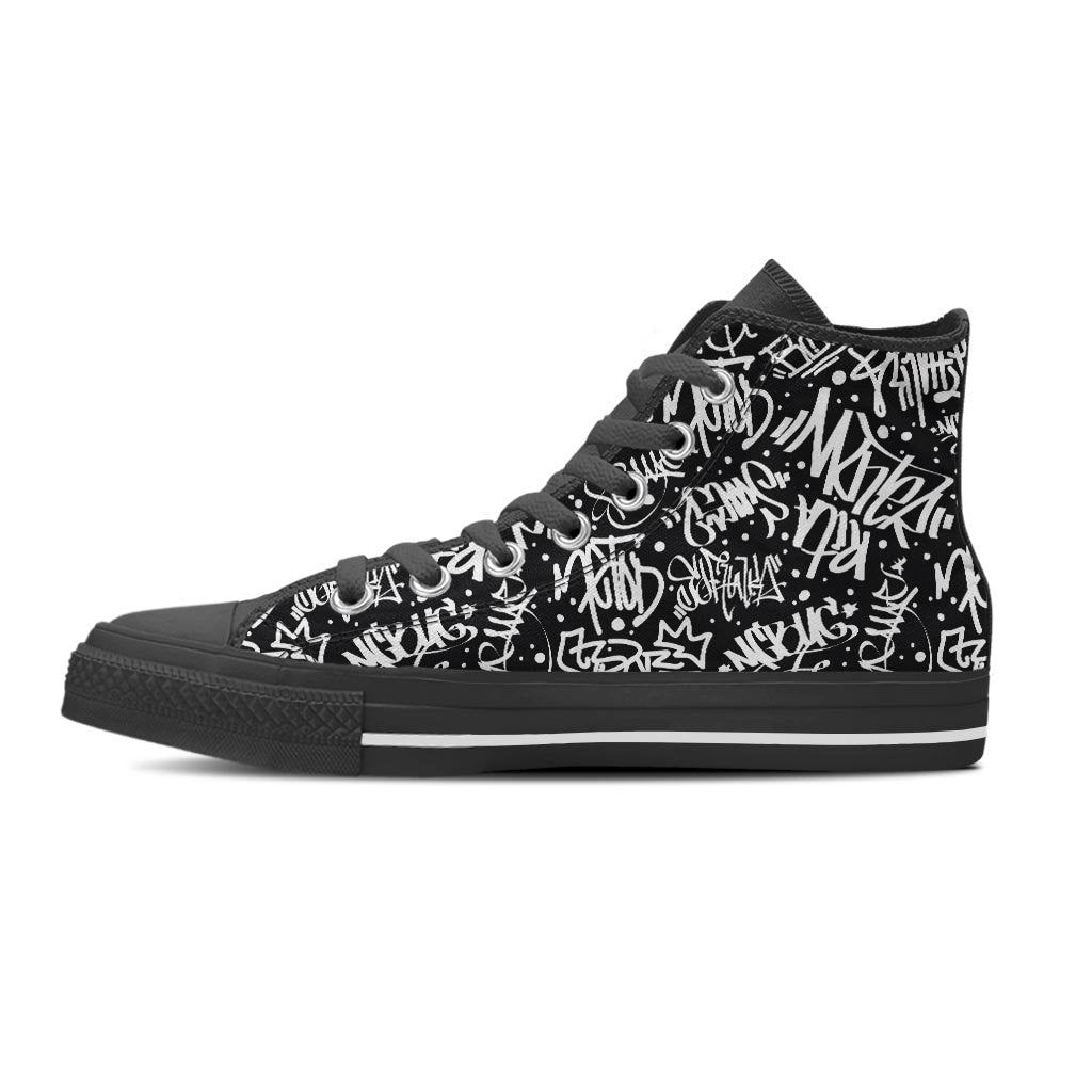 White And Black Graffiti Doodle Text Print Women's High Top Shoes-grizzshop