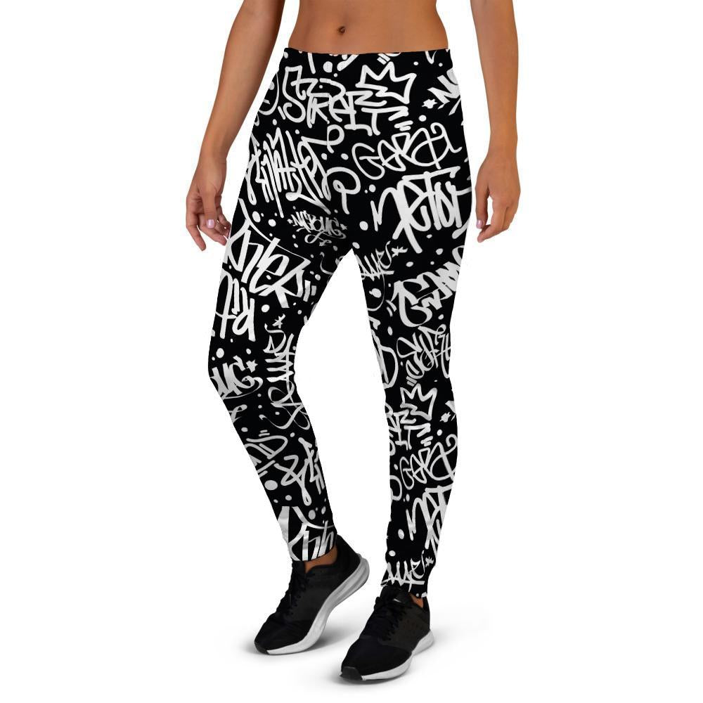 White And Black Graffiti Doodle Text Print Women's Joggers-grizzshop