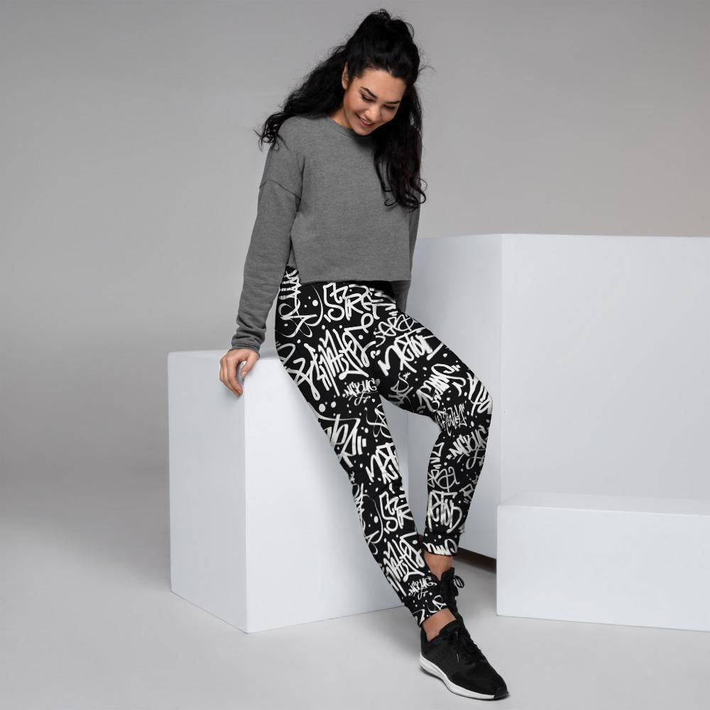 White And Black Graffiti Doodle Text Print Women's Joggers-grizzshop