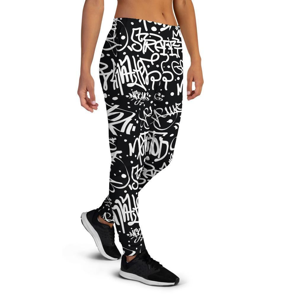 White And Black Graffiti Doodle Text Print Women's Joggers-grizzshop