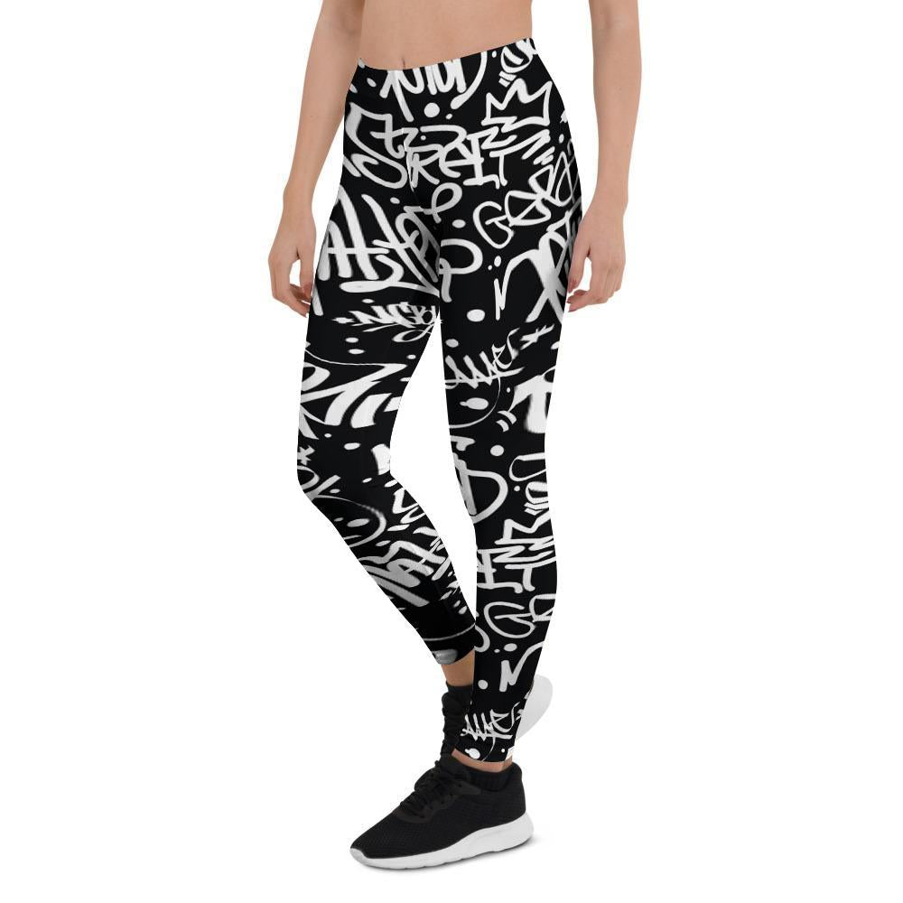 White And Black Graffiti Doodle Text Print Women's Leggings-grizzshop