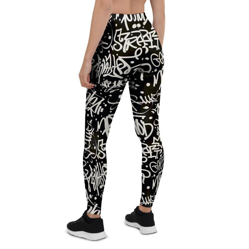 White And Black Graffiti Doodle Text Print Women's Leggings-grizzshop