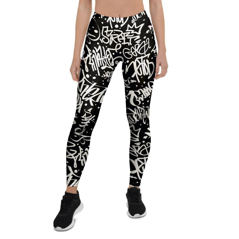 White And Black Graffiti Doodle Text Print Women's Leggings-grizzshop