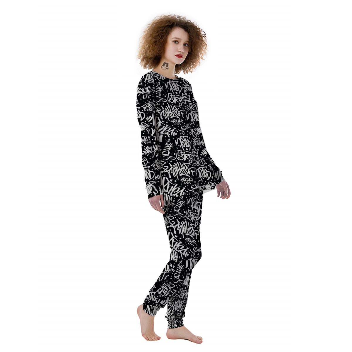 White And Black Graffiti Doodle Text Print Women's Pajamas-grizzshop