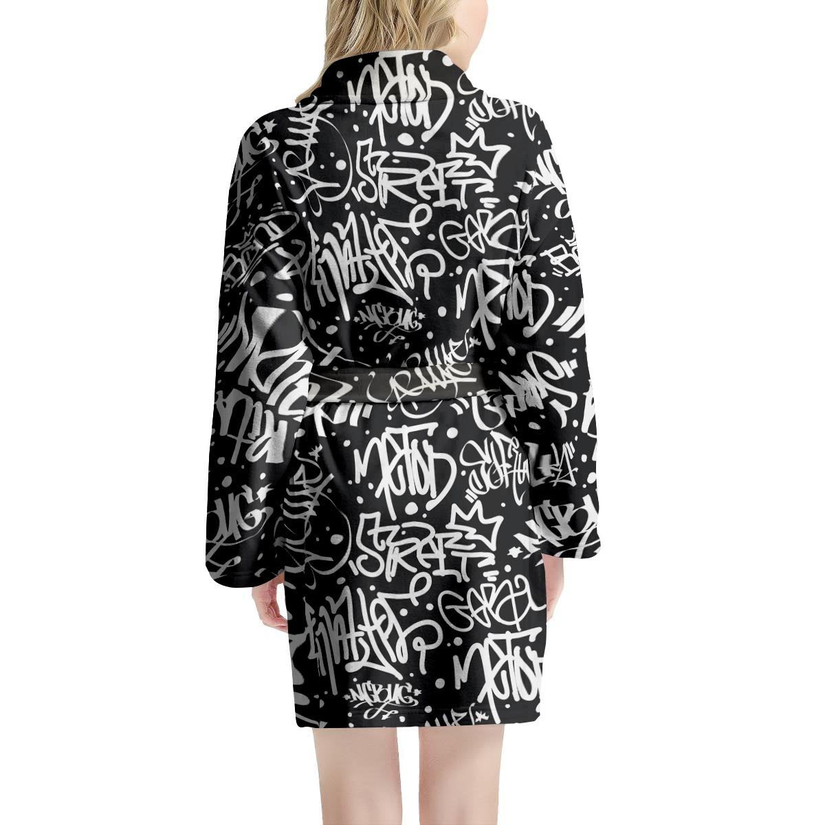 White And Black Graffiti Doodle Text Print Women's Robe-grizzshop