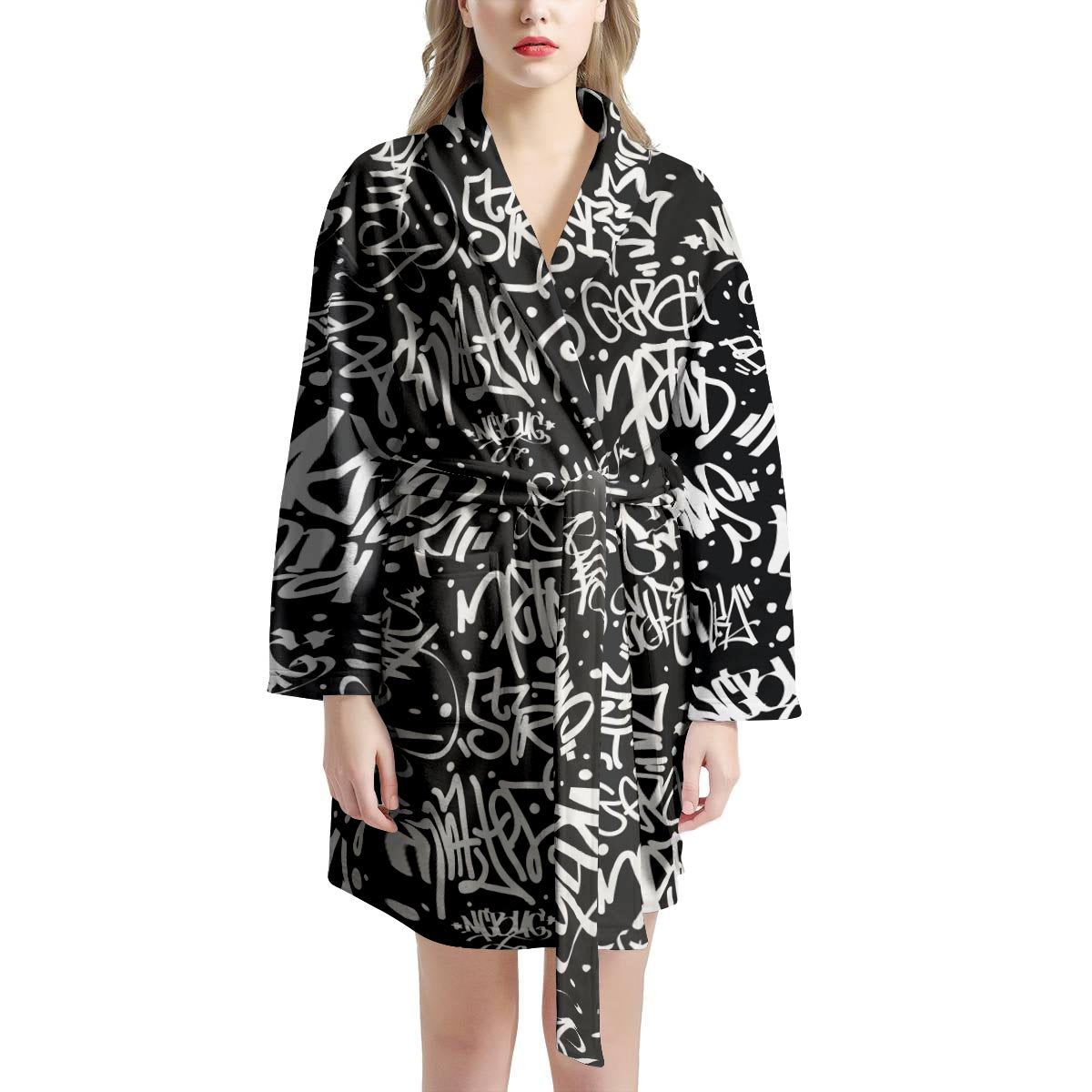 White And Black Graffiti Doodle Text Print Women's Robe-grizzshop