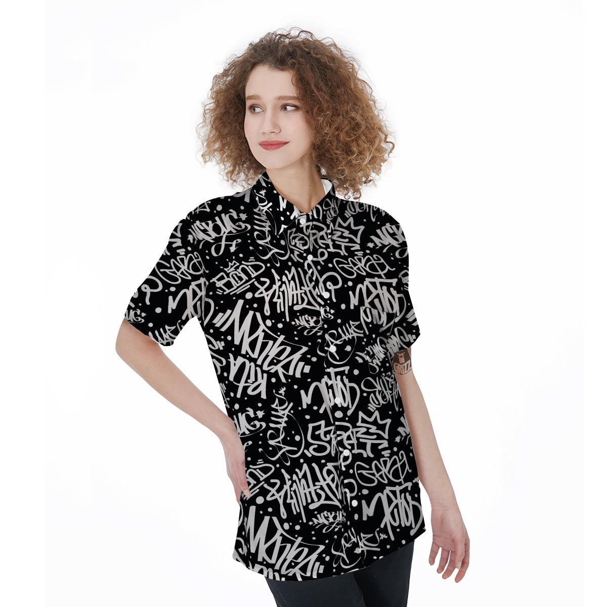 White And Black Graffiti Doodle Text Print Women's Short Sleeve Shirts-grizzshop