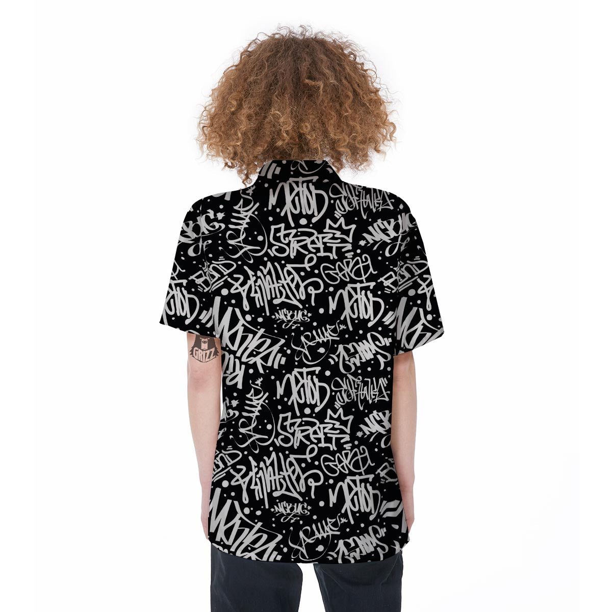 White And Black Graffiti Doodle Text Print Women's Short Sleeve Shirts-grizzshop