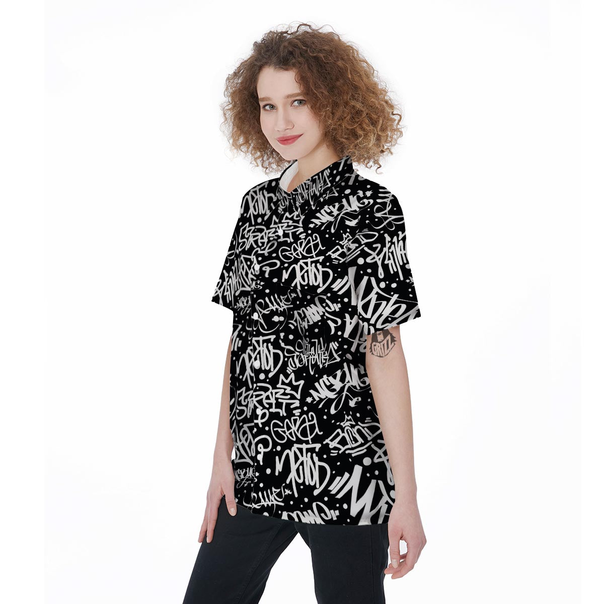 White And Black Graffiti Doodle Text Print Women's Short Sleeve Shirts-grizzshop