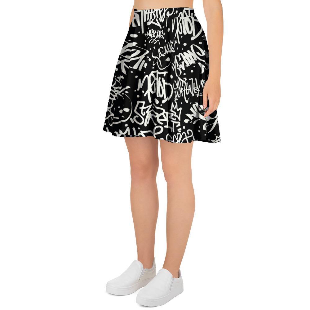 White And Black Graffiti Doodle Text Print Women's Skirt-grizzshop