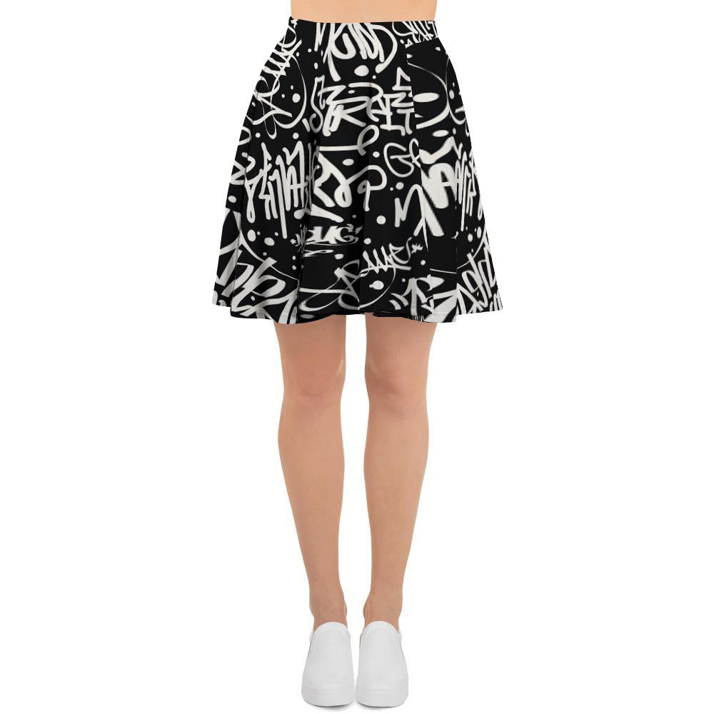 White And Black Graffiti Doodle Text Print Women's Skirt-grizzshop