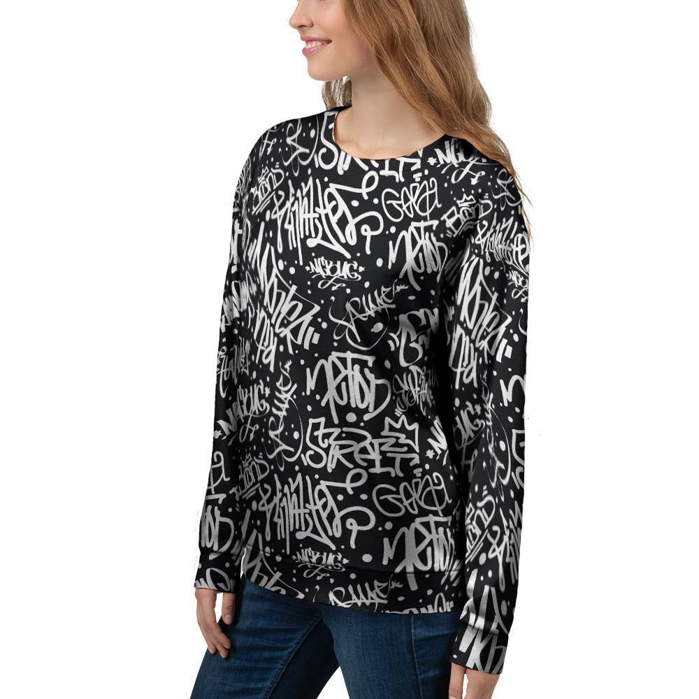 White And Black Graffiti Doodle Text Print Women's Sweatshirt-grizzshop