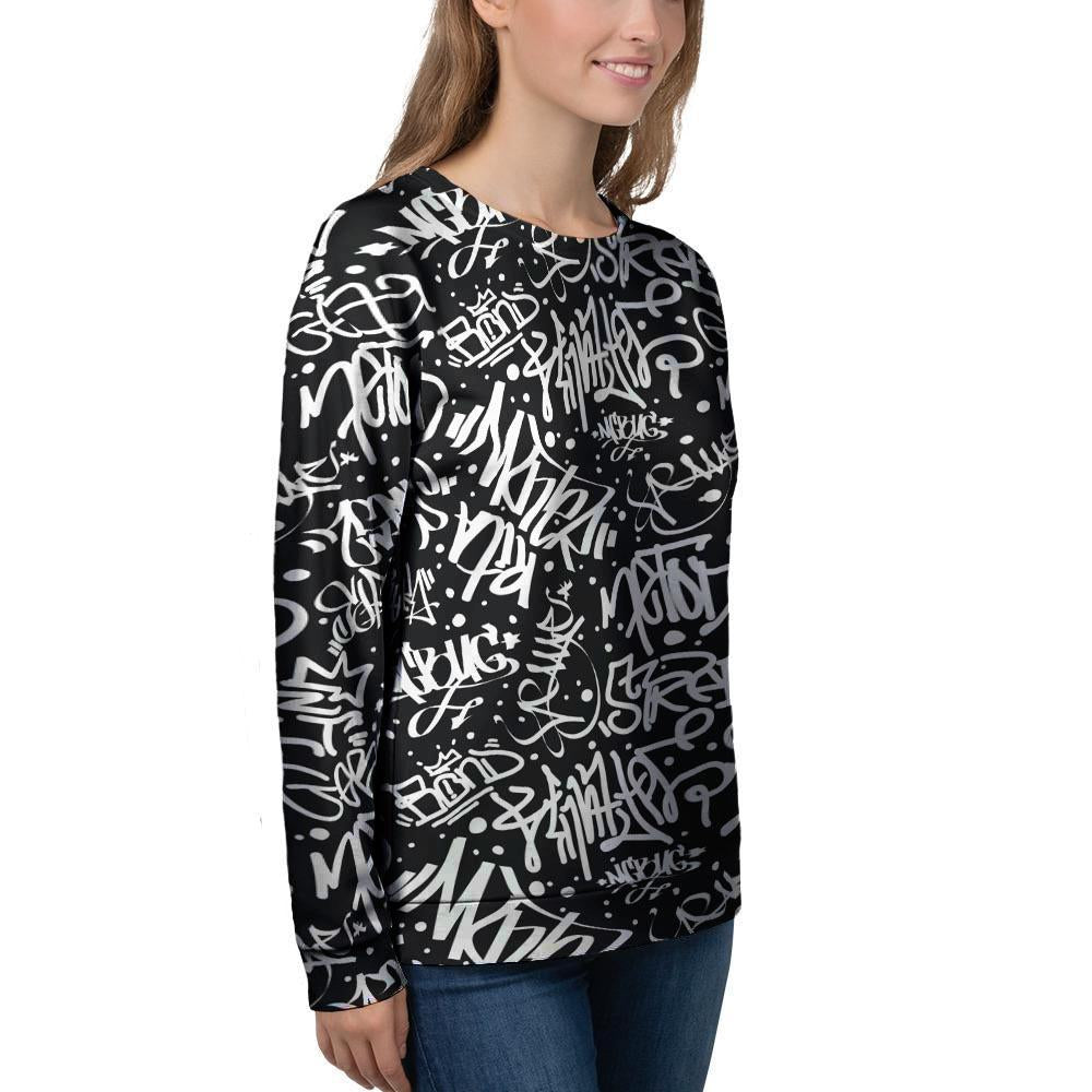 White And Black Graffiti Doodle Text Print Women's Sweatshirt-grizzshop