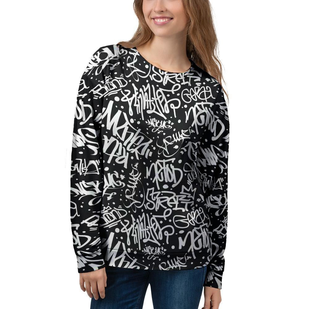 White And Black Graffiti Doodle Text Print Women's Sweatshirt-grizzshop