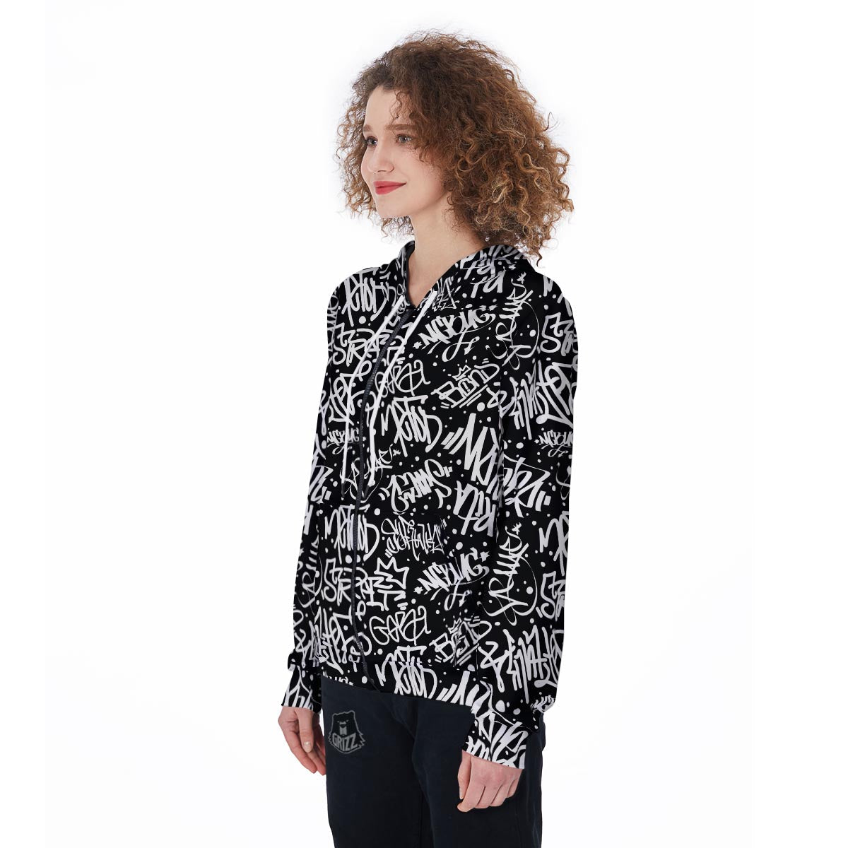 White And Black Graffiti Doodle Text Print Women's Zip Up Hoodie-grizzshop
