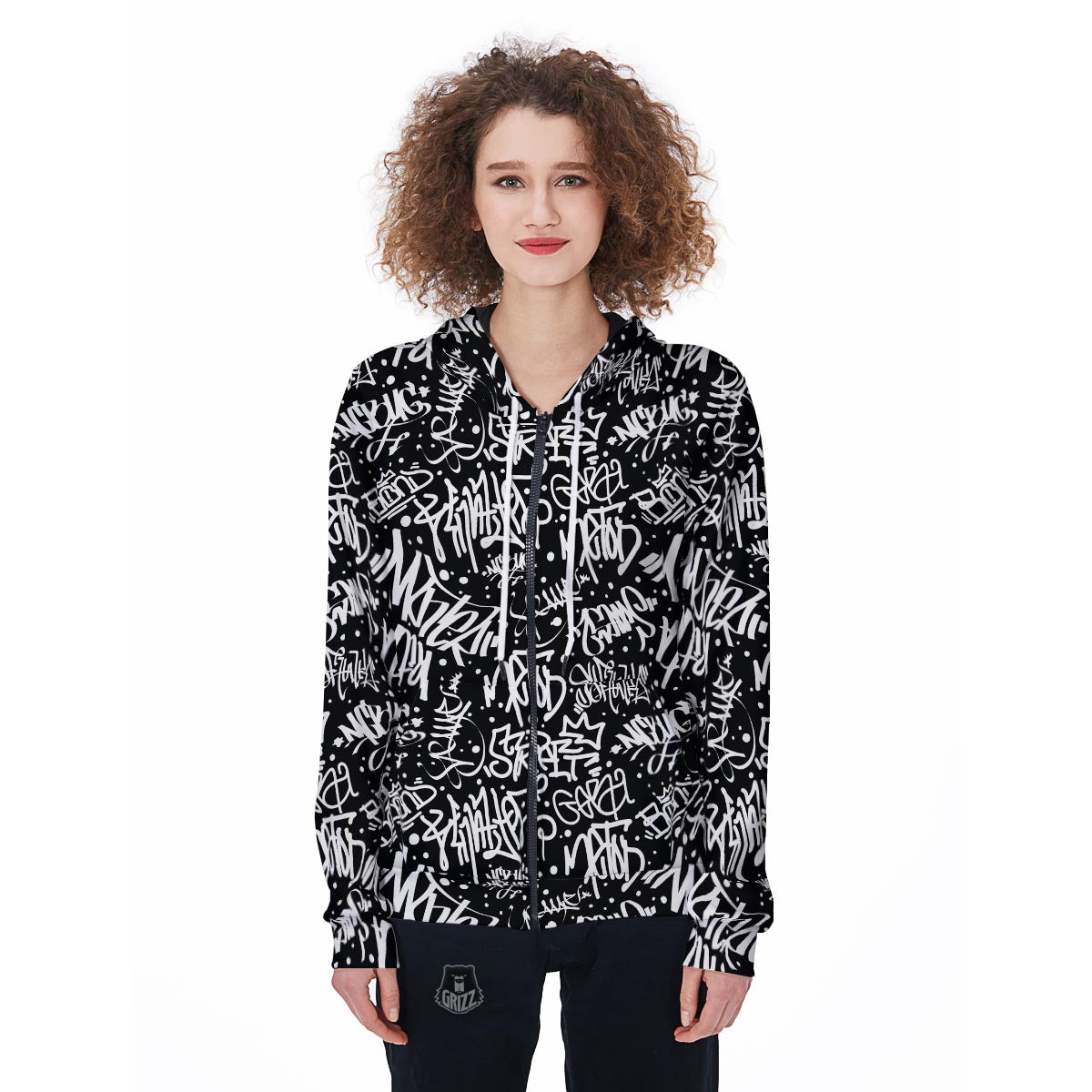 White And Black Graffiti Doodle Text Print Women's Zip Up Hoodie-grizzshop