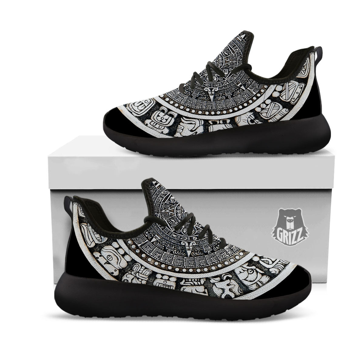 White And Black Maya Calendar Print Black Athletic Shoes-grizzshop