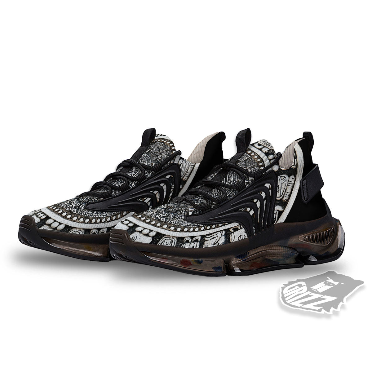 White And Black Maya Calendar Print Black Gym Shoes-grizzshop