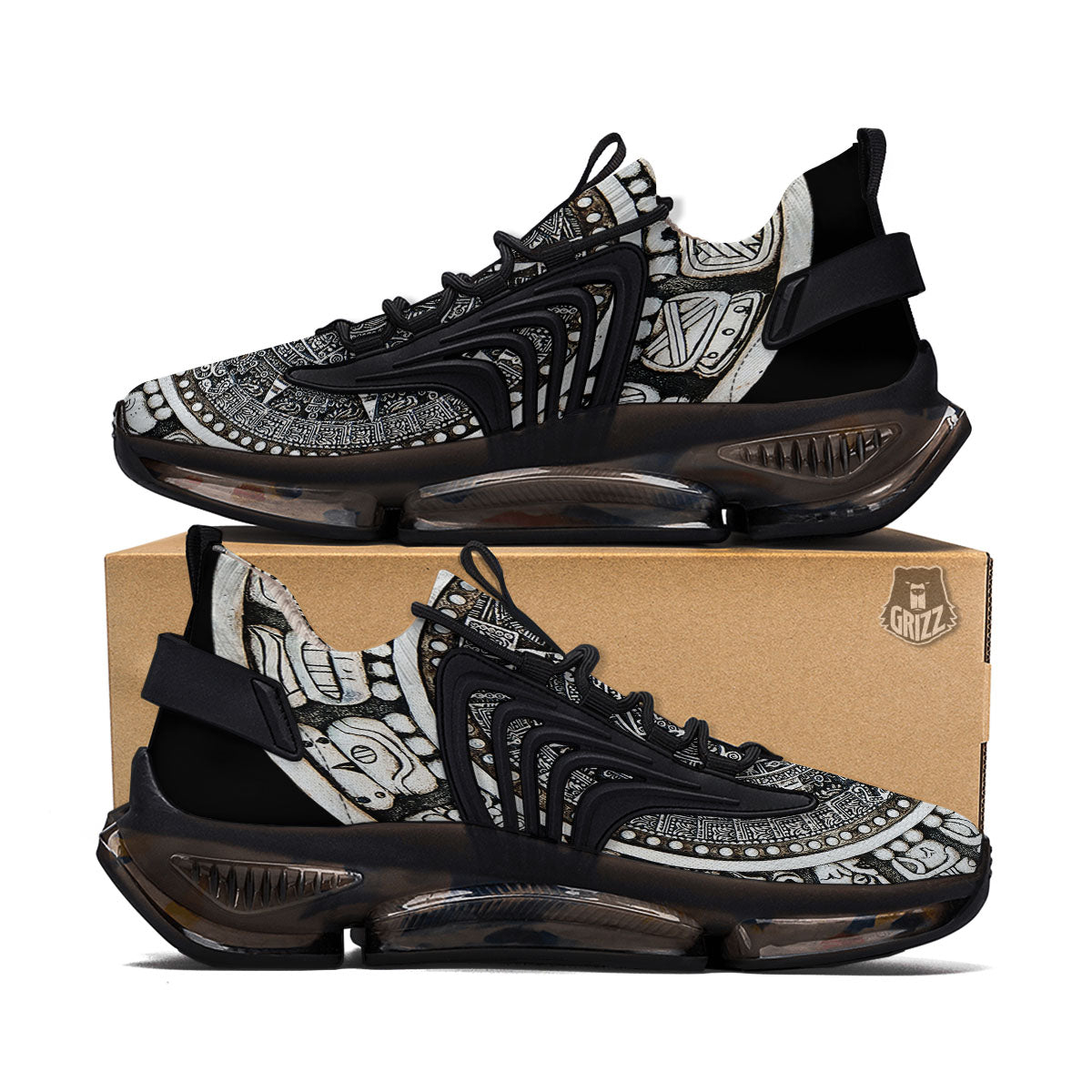 White And Black Maya Calendar Print Black Gym Shoes-grizzshop