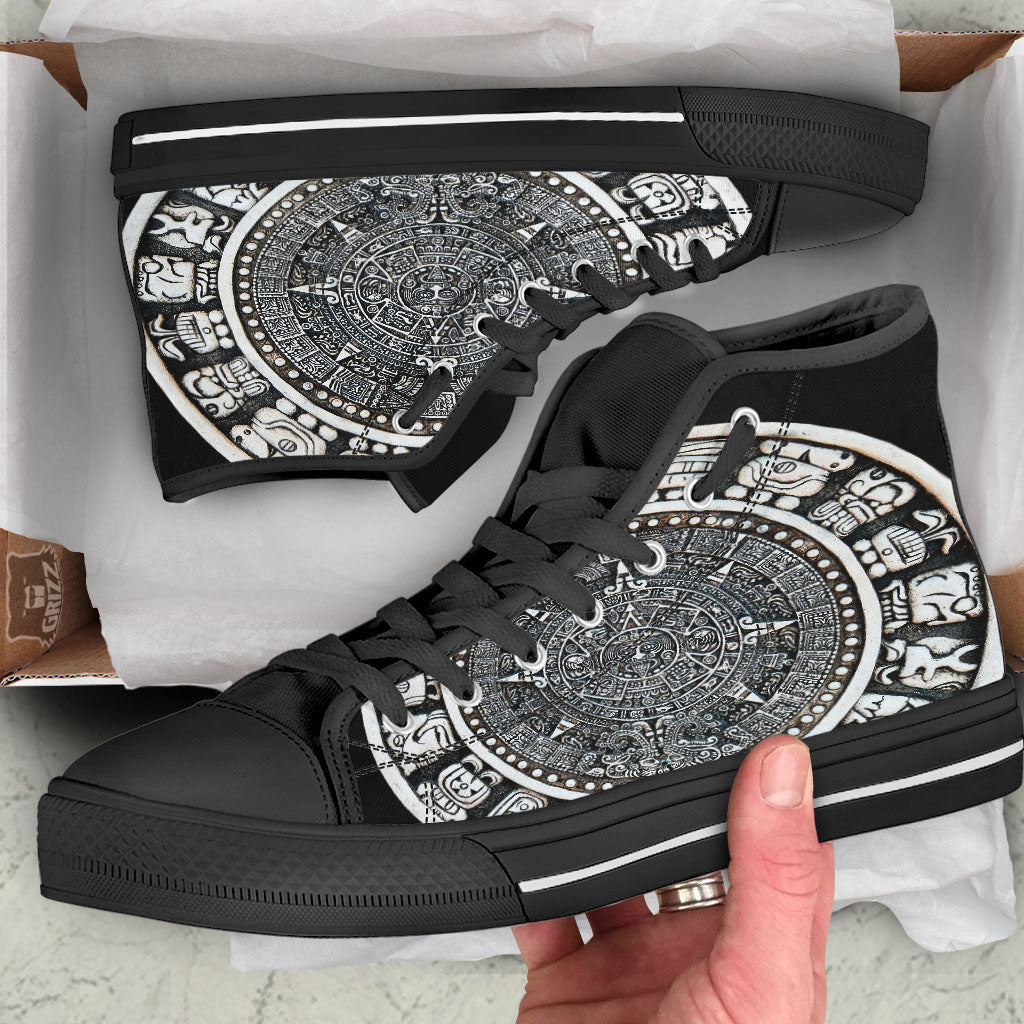 White And Black Maya Calendar Print Black High Top Shoes-grizzshop