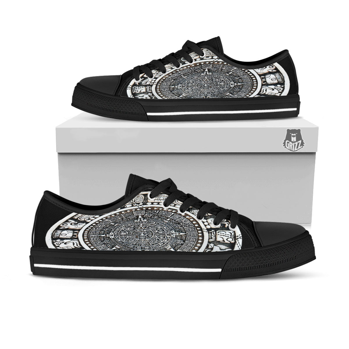 White And Black Maya Calendar Print Black Low Top Shoes-grizzshop