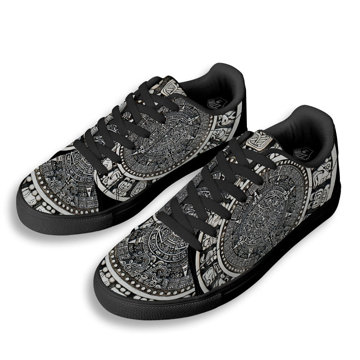 White And Black Maya Calendar Print Black Low Top Sneakers-grizzshop