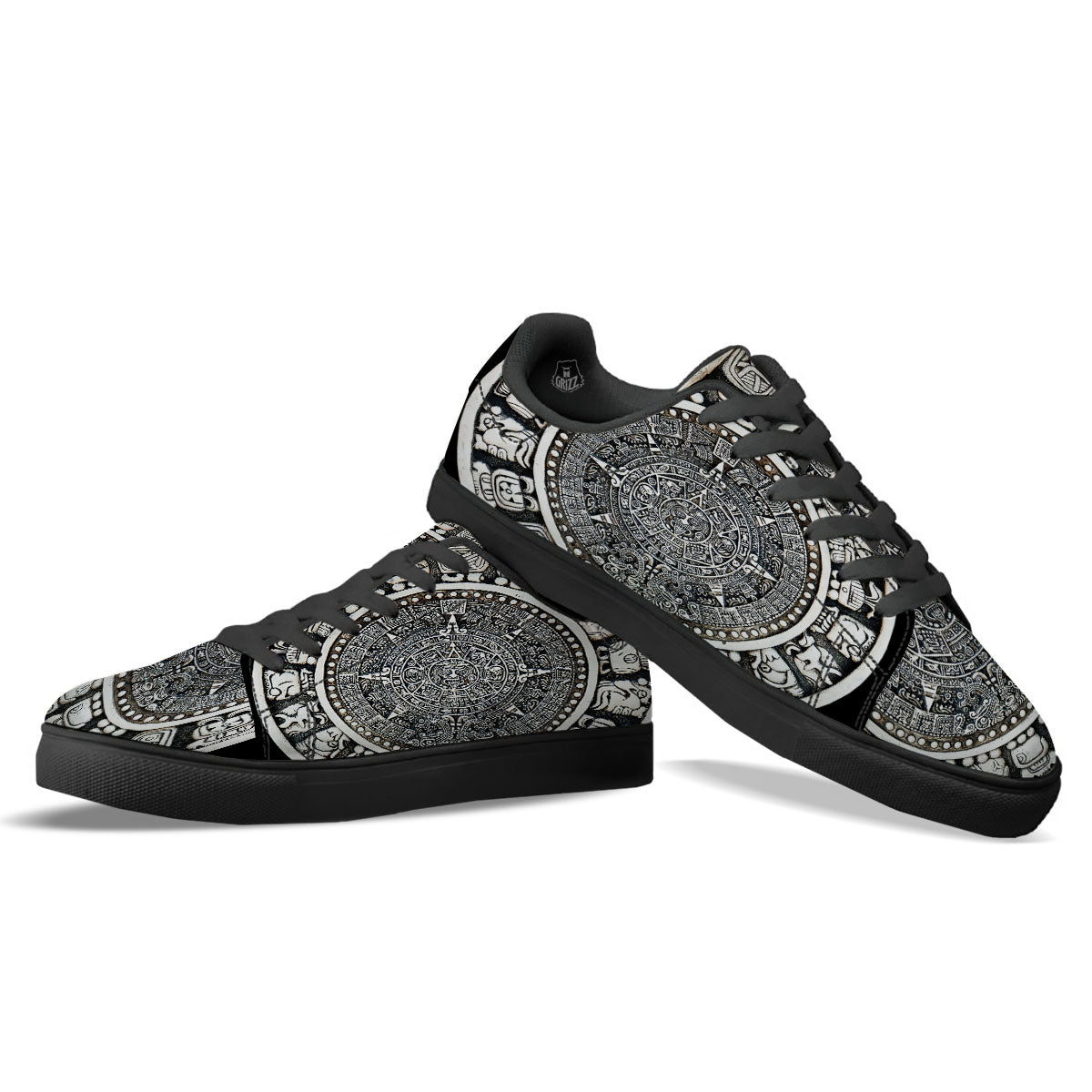 White And Black Maya Calendar Print Black Low Top Sneakers-grizzshop