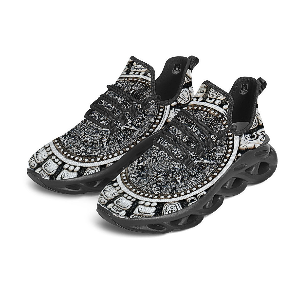 White And Black Maya Calendar Print Black Running Shoes-grizzshop